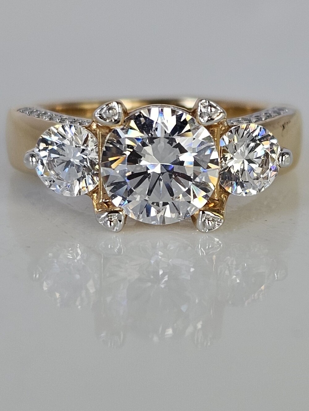 Perfect Triple Stone Diamond Simulant 18k Yellow Gold Vermeil Ring Size 8!
